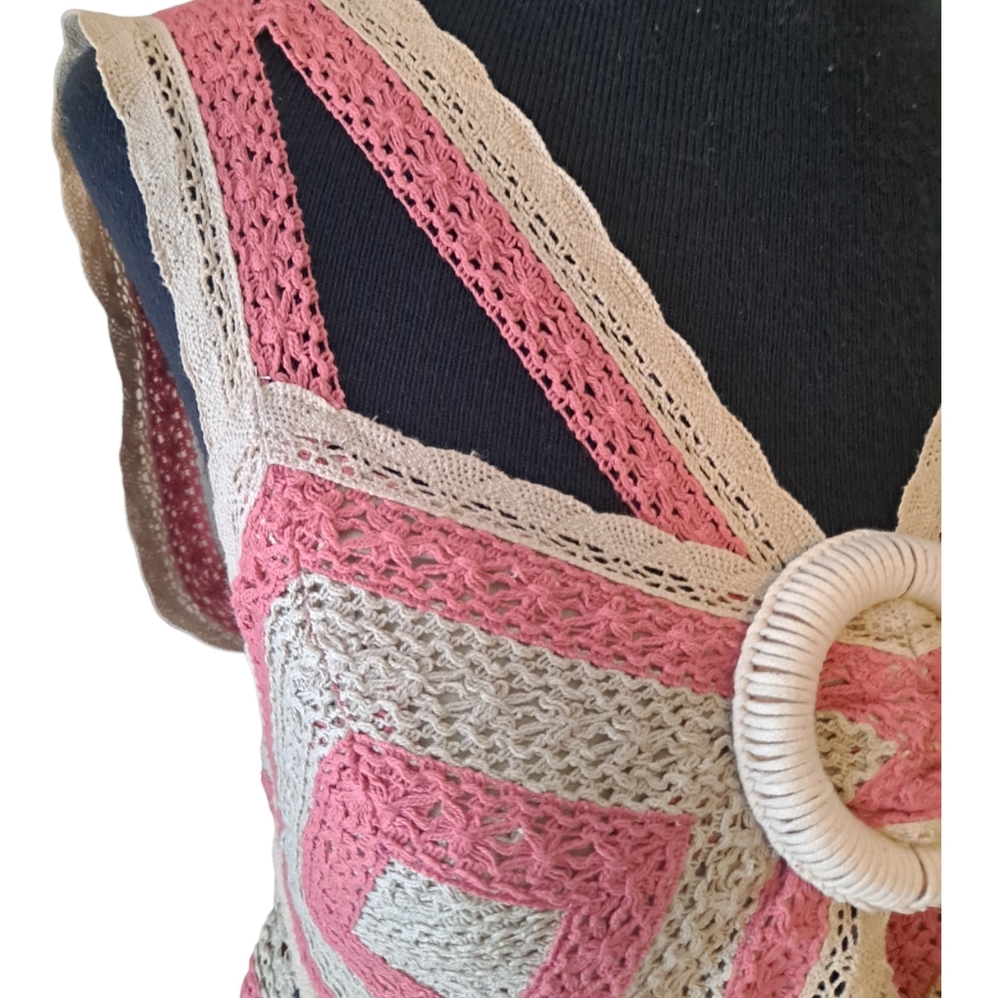 Anthropologie - Let Me Be - Open Back Crochet Tank Top Size Small Pink/Cream - Picture 5 of 16